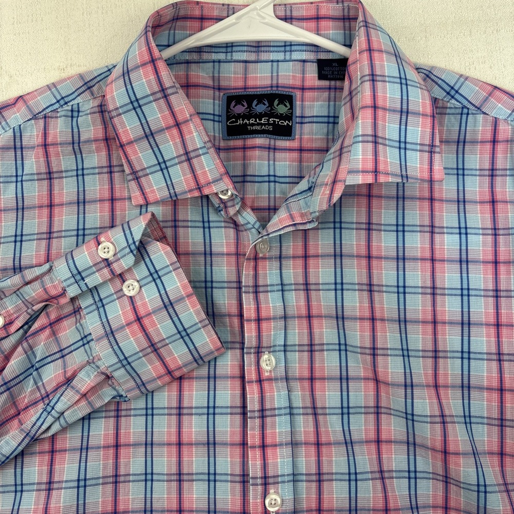 Charleston‎ Threads Mens Pink Blue Plaid 100% Cotton Button Up Shirt Size XL